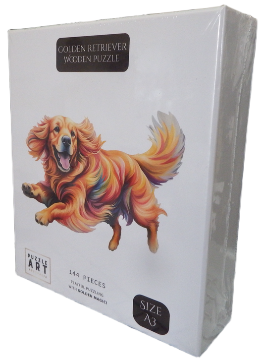 Wooden puzzle packaging with a colorful golden retreiver dog illustration on a white background