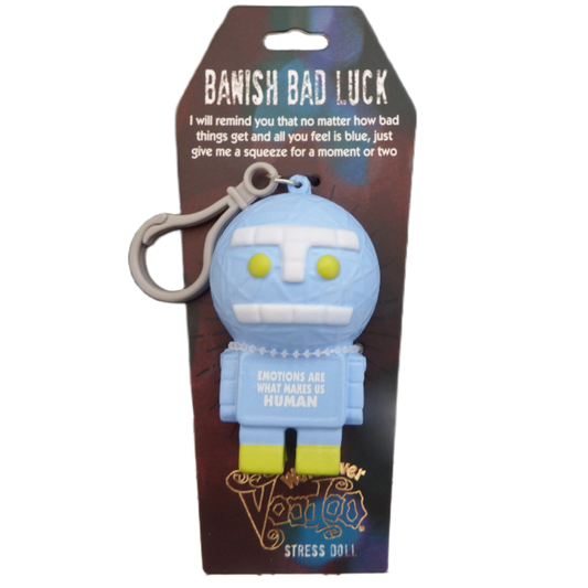 Blue robot stress doll keychain with packaging on a white background