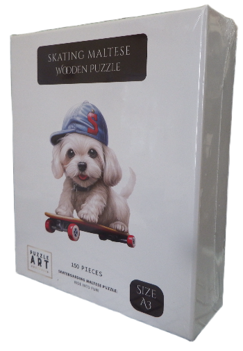 Skating Maltese wooden puzzle packaging with a dog on a skateboard and a blue cap.