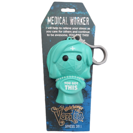 Teal stress doll with 'You Got This' text on packaging, featuring a medical-themed design.