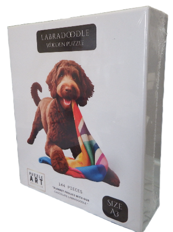 Chocolate Labradoodle with multicolour blanket jigsaw puzzle illustration design on a white Box background
