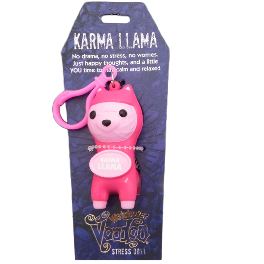 Pink dressed llama stress doll with keychain on a blue packaging background