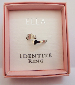 stainless steel adjustable  ring in a pink box with 'ELLA IDENTITE RING' text
