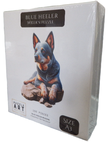 puzzle packaging with a blue heeler dog illustration on a white background