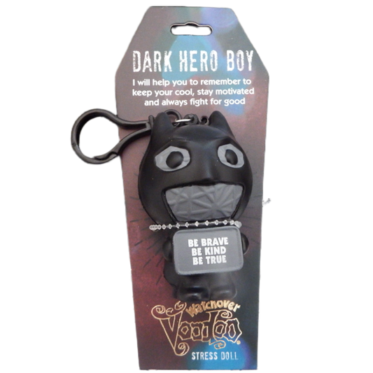 Stress doll in packaging with 'Dark Hero Boy' text and branding.