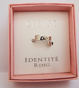 Ring with 'Eloise' design in a pink box labeled 'Identité'.