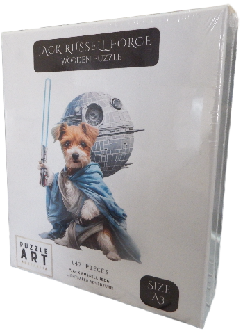 Wooden puzzle packaging featuring a Jack Russell terrier with a Star Wars-themed design on a white background.