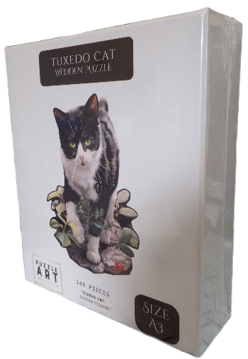 Box of a 'Tuxedo Cat' wooden puzzle with a Black and white cat illustration on a white background