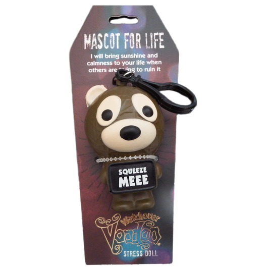 Stress doll with 'Squeeze Mee' label on packaging, featuring text 'Mascot for Life'.