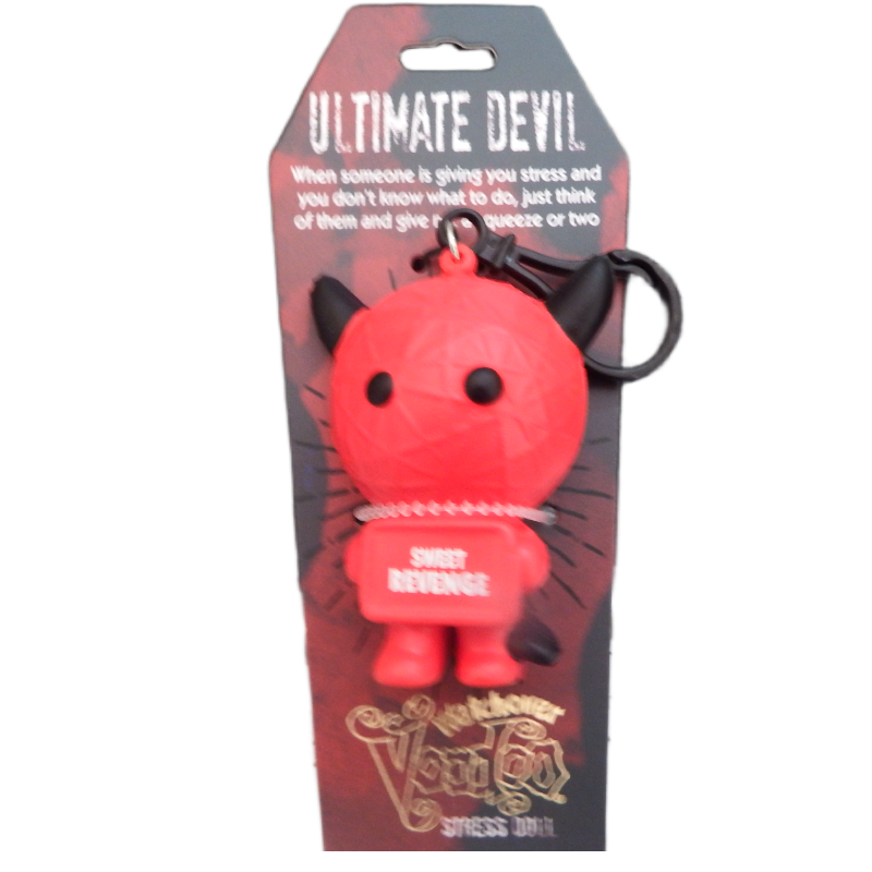 Red stress ball with black horns and tail, labeled 'Sweet revenge', on a black and red packaging background.
