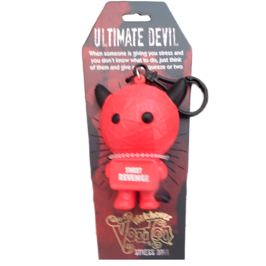 Red stress ball with black horns and tail, labeled 'Sweet revenge', on a black and red packaging background.