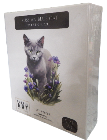  A Russian Blue cat puzzle illustration on a white background