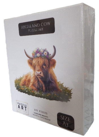 Puzzle box featuring a highland cow with decorative flowers on its head on a white background