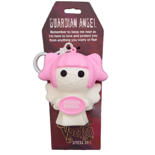 Guardian Angel stress doll with pink hair and white body on a red packaging background