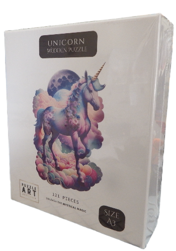 Unicorn-themed wooden puzzle packaging on a white background
