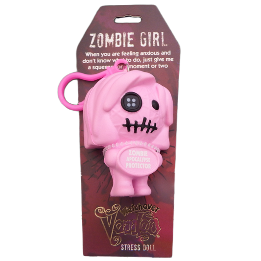 Pink zombie-themed stress doll with packaging on a white background