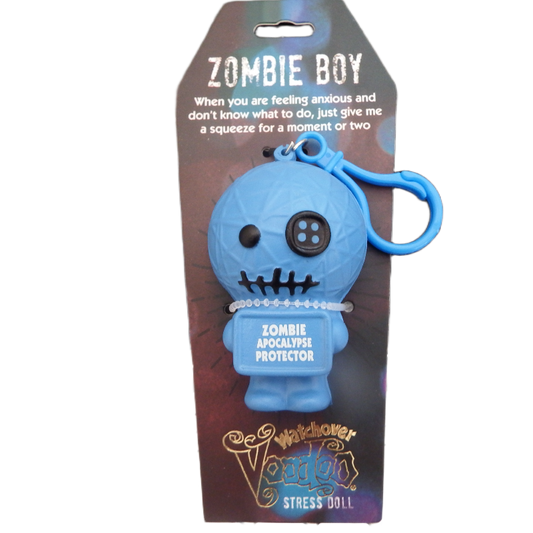Blue zombie-themed stress doll with packaging on a white background