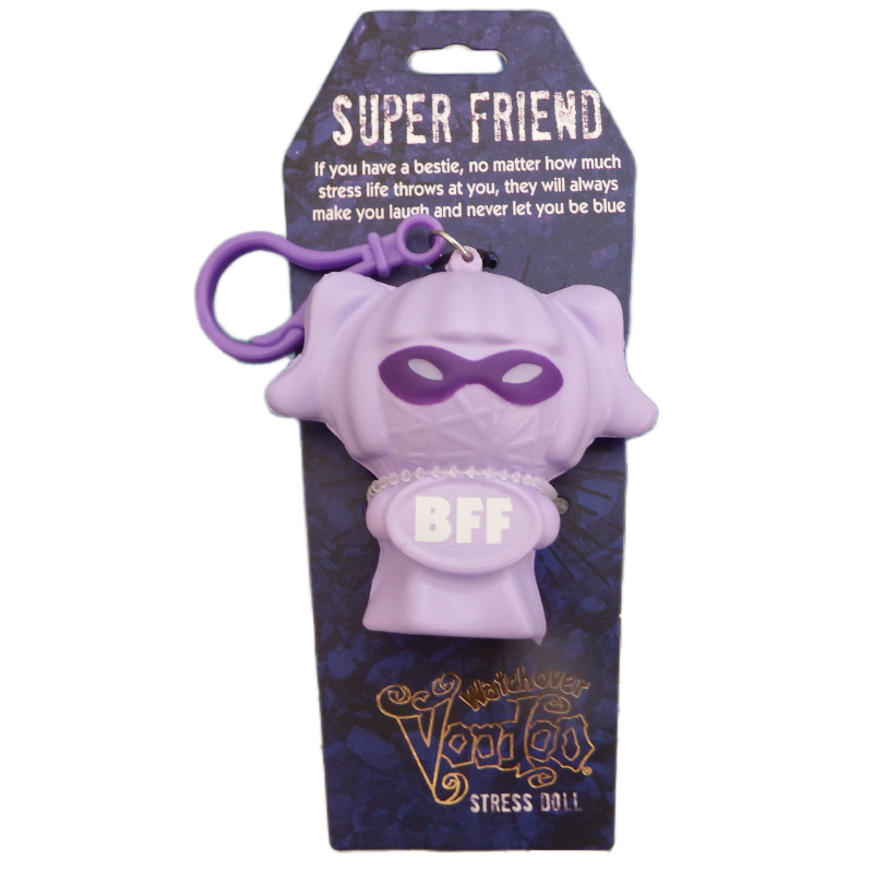 Purple stress doll with 'BFF' on packaging labeled 'Super Friend'.