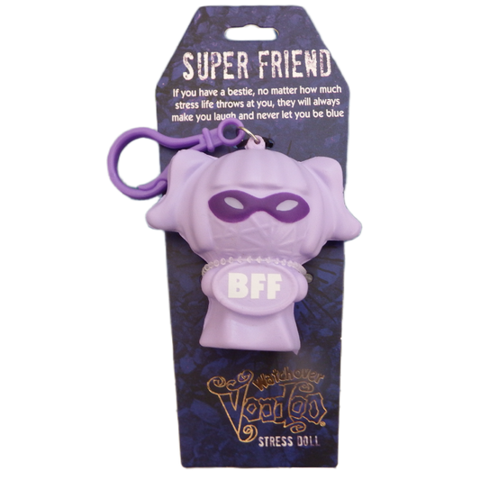 Purple stress doll with 'BFF' on packaging labeled 'Super Friend'.