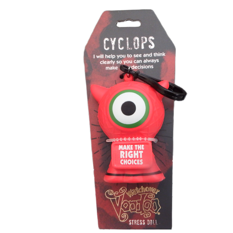 Red stress doll with single eye on a black and red packaging