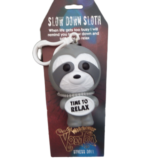 Sloth-shaped stress ball with 'Time to Relax' message on packaging