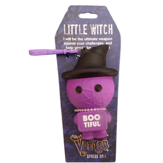 Purple stress doll with witch hat on packaging labeled 'Little Witch' and 'Venus'.