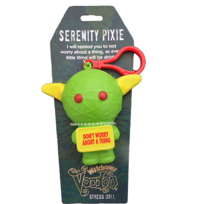 Serenity Pixie stress doll with green body, yellow ears, and red accents on a white background.