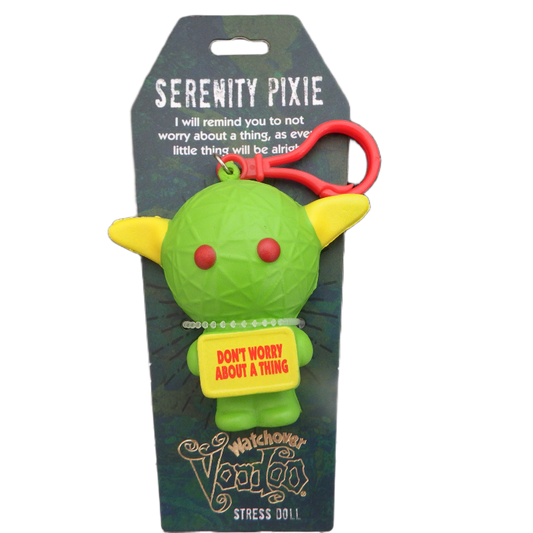 Serenity Pixie stress doll with green body, yellow ears, and red accents on a white background.