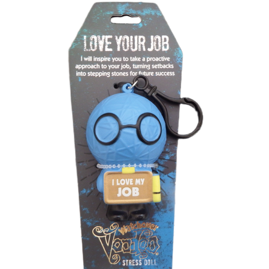Blue stress doll with glasses and 'I Love My Job' message on packaging