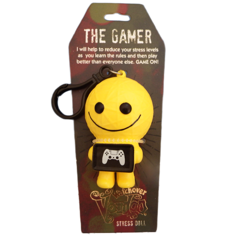Yellow stress doll with a controller design on packaging labeled 'The Gamer'.