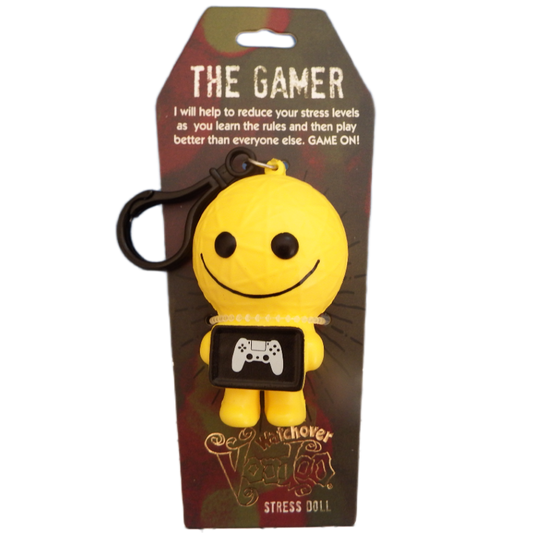 Yellow stress doll with a controller design on packaging labeled 'The Gamer'.