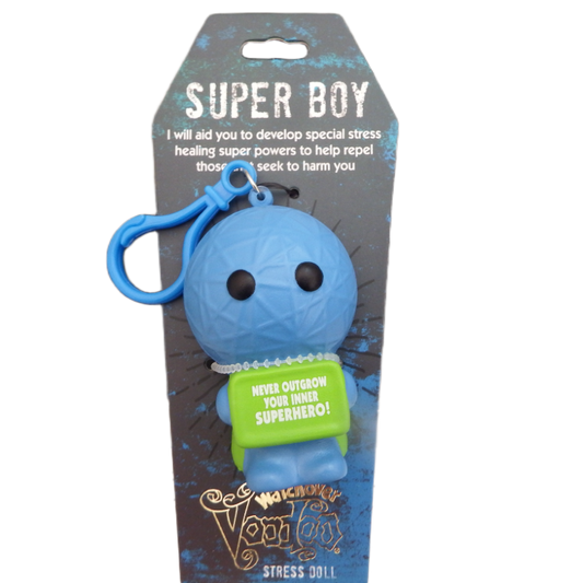 Blue stress doll with a green label on a gray packaging background