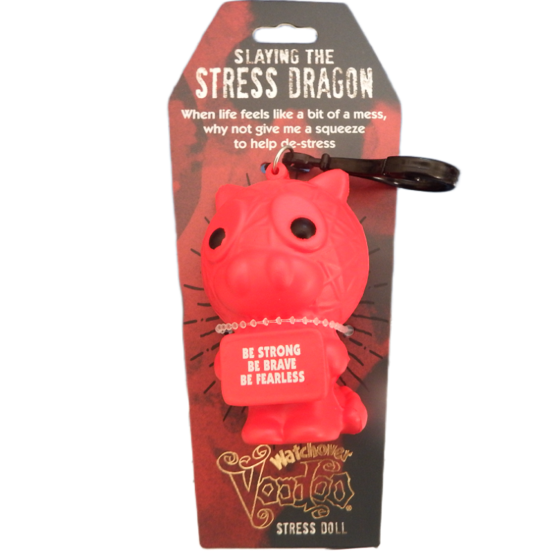 Red stress doll with packaging featuring text and branding