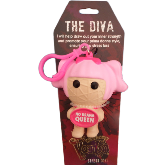 Stress doll with pink hair and 'No Drama Queen' tag on packaging