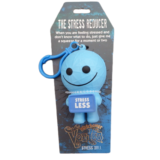 Blue stress doll with packaging on a white background