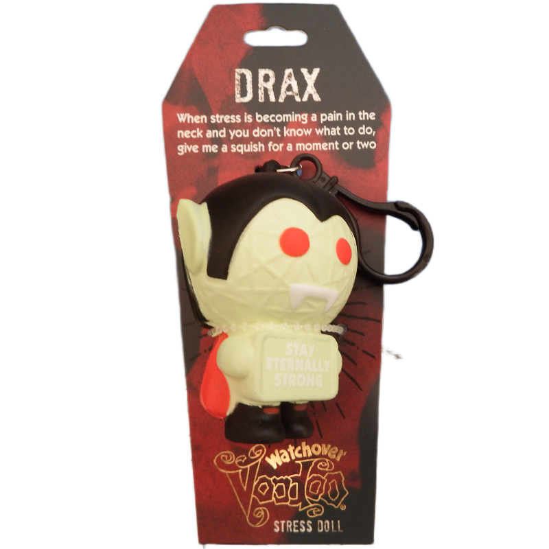 Stress doll with packaging featuring text and branding