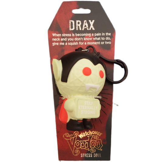Stress doll with packaging featuring text and branding