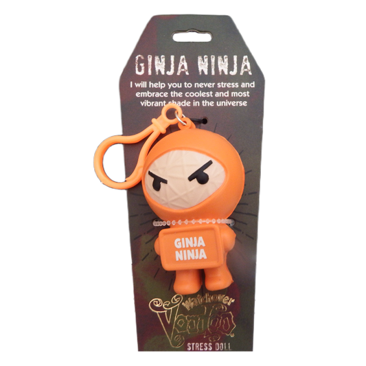 Orange 'Ginja Ninja' stress doll with packaging on a white background