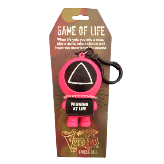 red game of life stress doll holding sign with caption winning at life