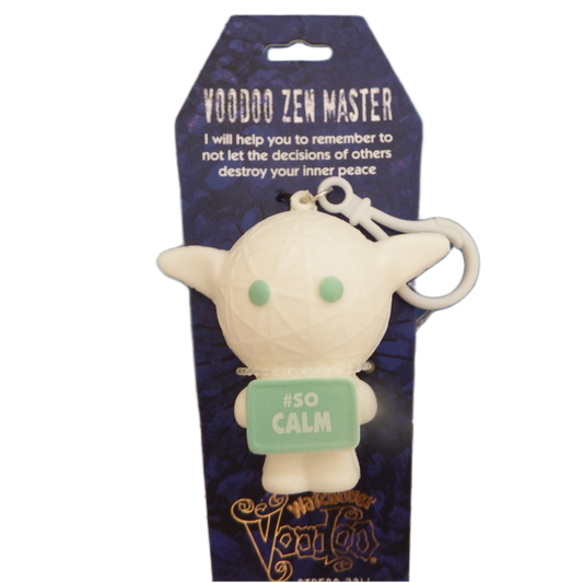 Voodoo Zen Master plush toy with '#so calm' sign on packaging