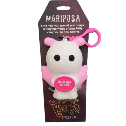 Mariposa stress ball with pink wings and keychain on a VooDoo Doll packaging