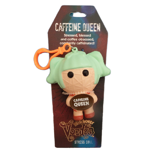 Stress doll with green hair and orange clip on packaging labeled 'Caffeine Queen'.