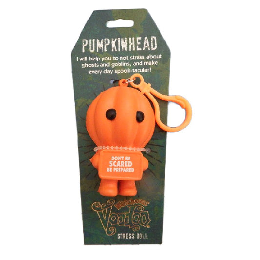 Orange pumpkin-shaped stress doll with a keychain on a green packaging background, featuring text.