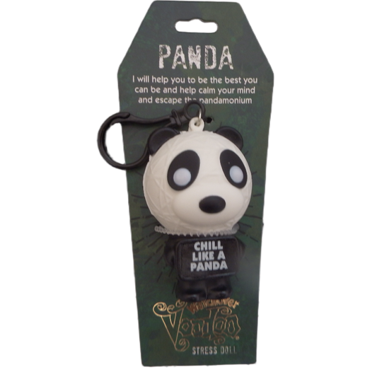 Panda-shaped keychain with text on a green packaging background