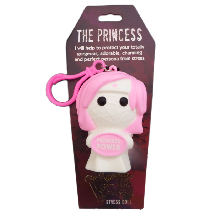 Stress doll with pink hair and 'Princess Power' badge on packaging
