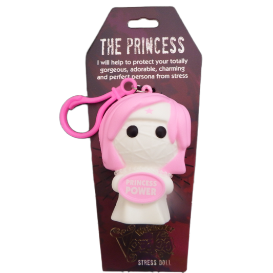 Stress doll with pink hair and 'Princess Power' badge on packaging