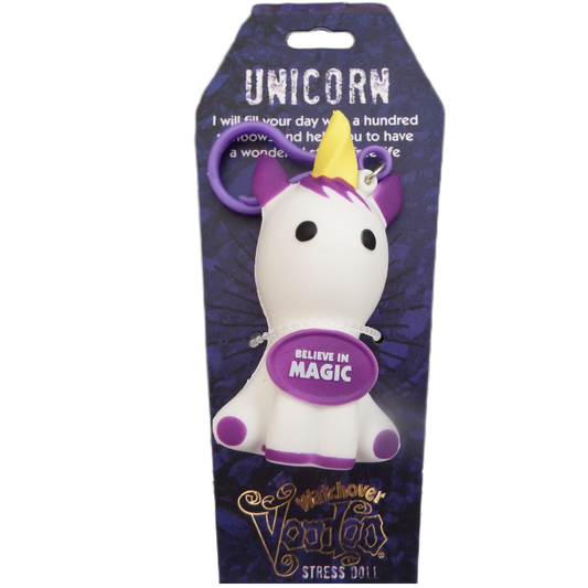 purple white unicorn stress doll on blue card