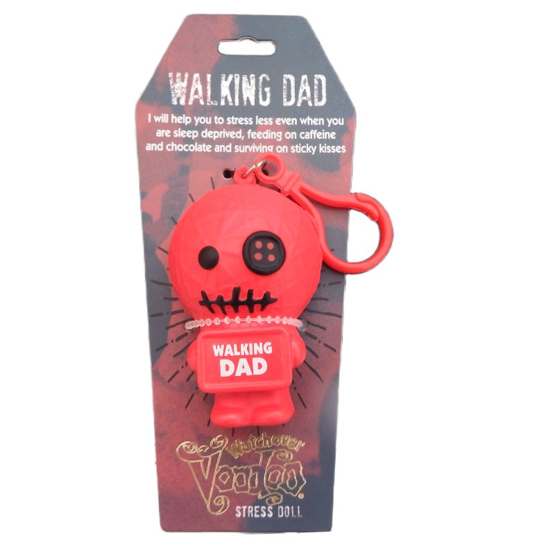 red stress doll with one button eye with label walking Dad