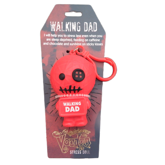 red stress doll with one button eye with label walking Dad