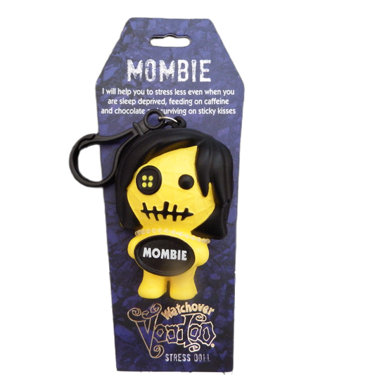 Yellow stress doll with black hair and eyes, labeled 'Mombie', on a purple packaging background.